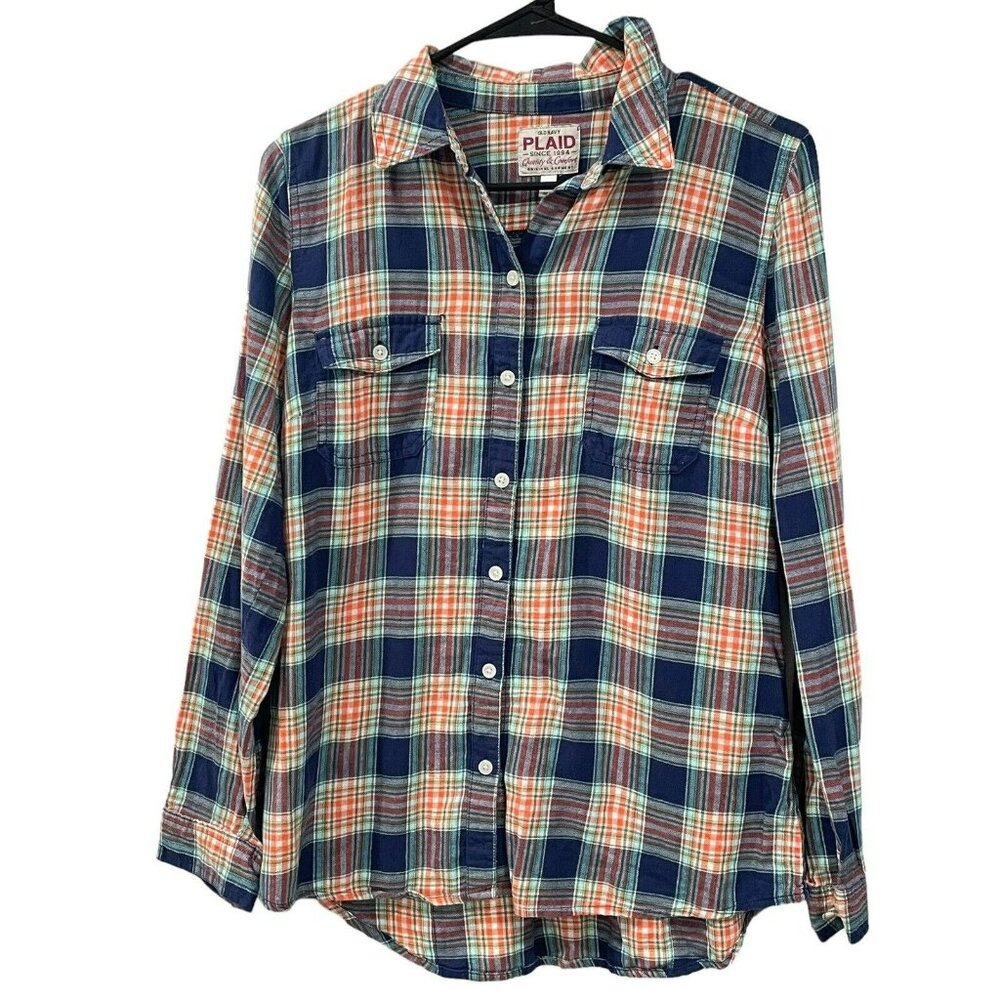 Old Navy Plaid Collared Blue Green Button Down Shirt Long Sleeve Size Medium M